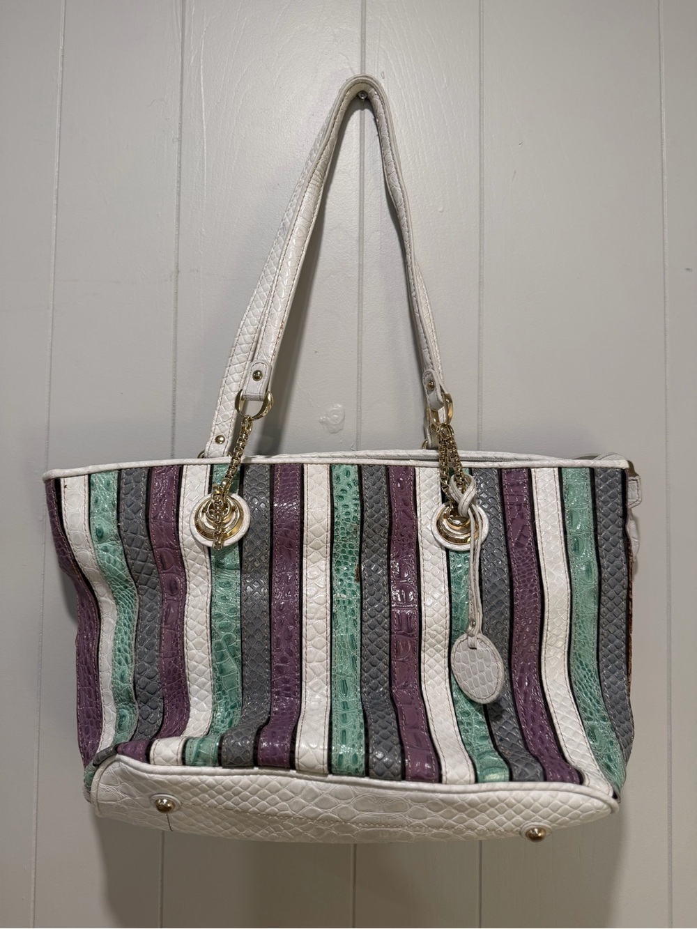 Striped White & Mint Shoulder Bag with Plum Accents